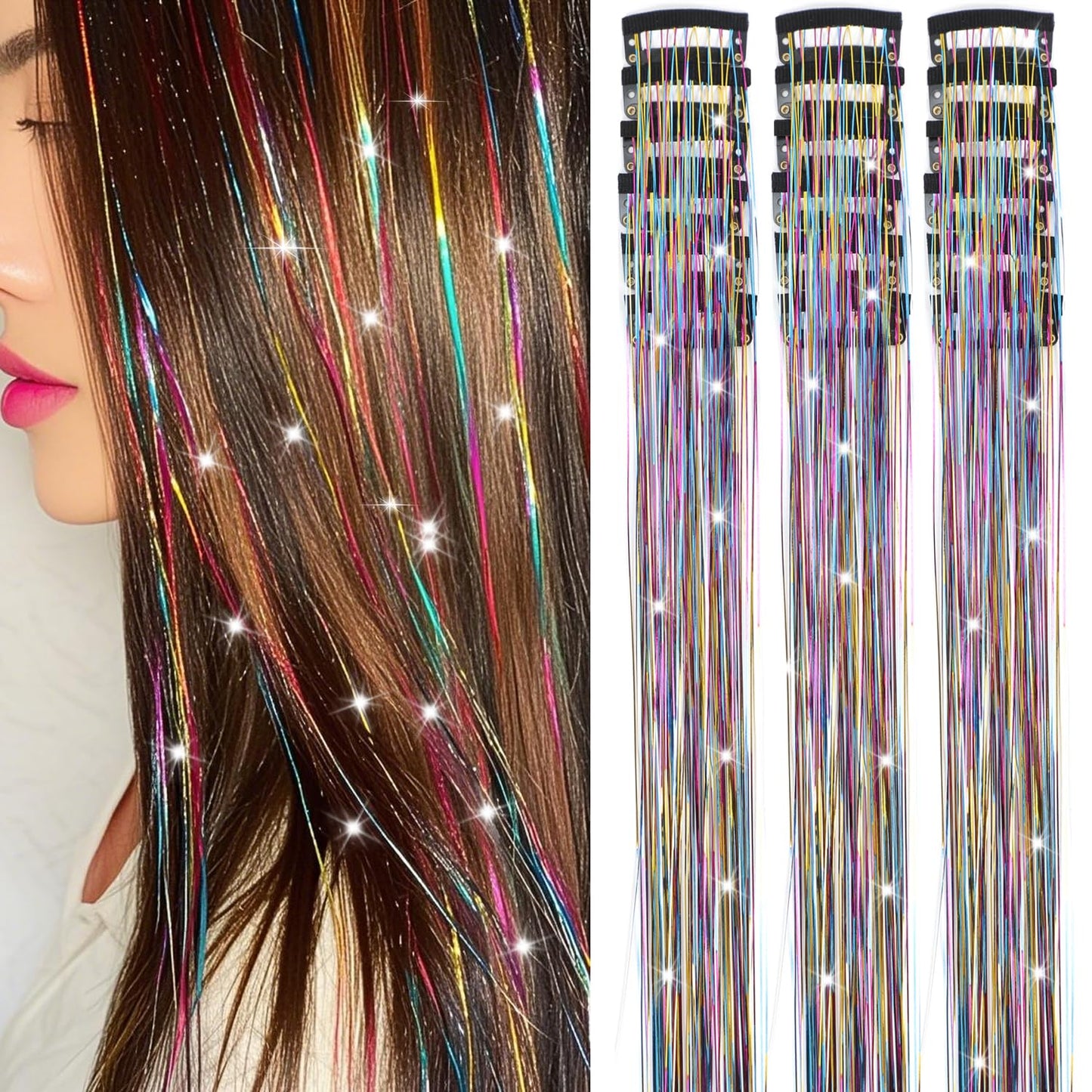 Varche™ — Extensions à clips Rainbow Hair Tinsel pour des reflets scintillants 