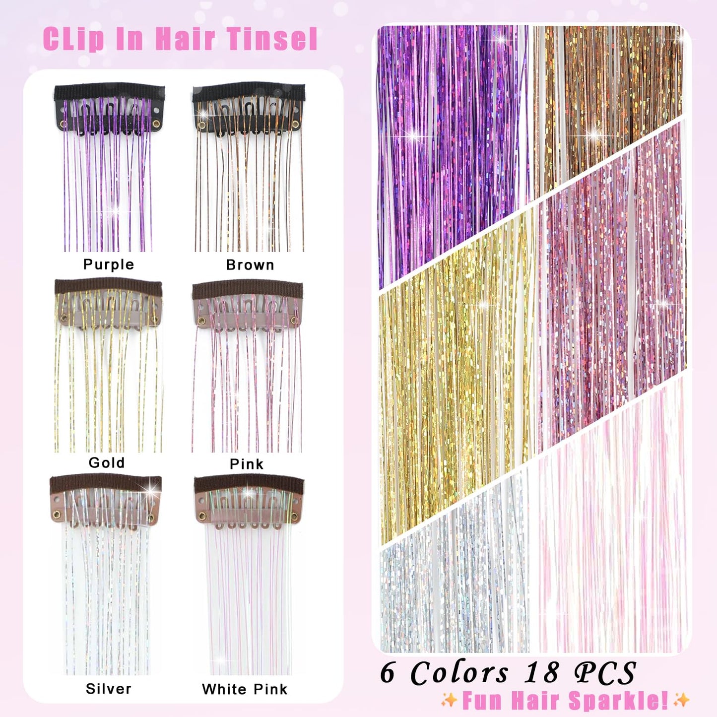 Varche™ — Extensions à clips Rainbow Hair Tinsel pour des reflets scintillants 