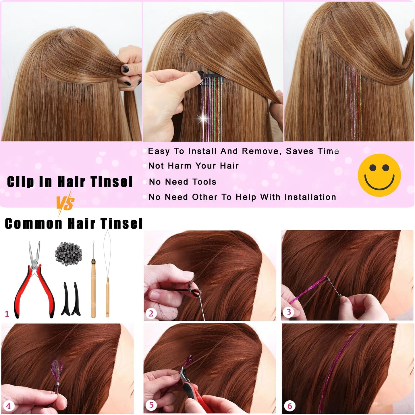 Varche™ — Extensions à clips Rainbow Hair Tinsel pour des reflets scintillants 